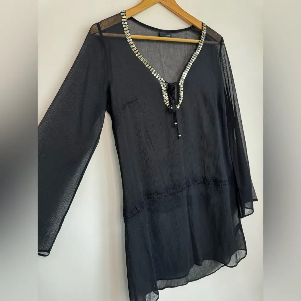 NEXT Sheer Black Swim Coverup with Gold Sequins Size 6
